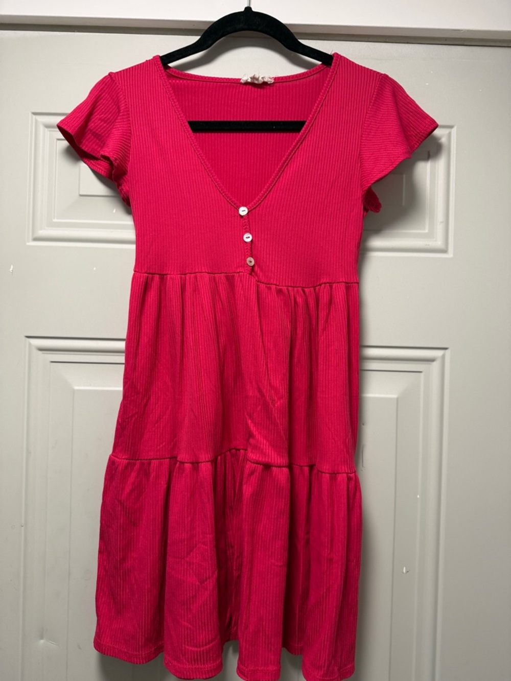 See You Monday Bright Pink Ribbed V-Neck Tiered Mini Dress